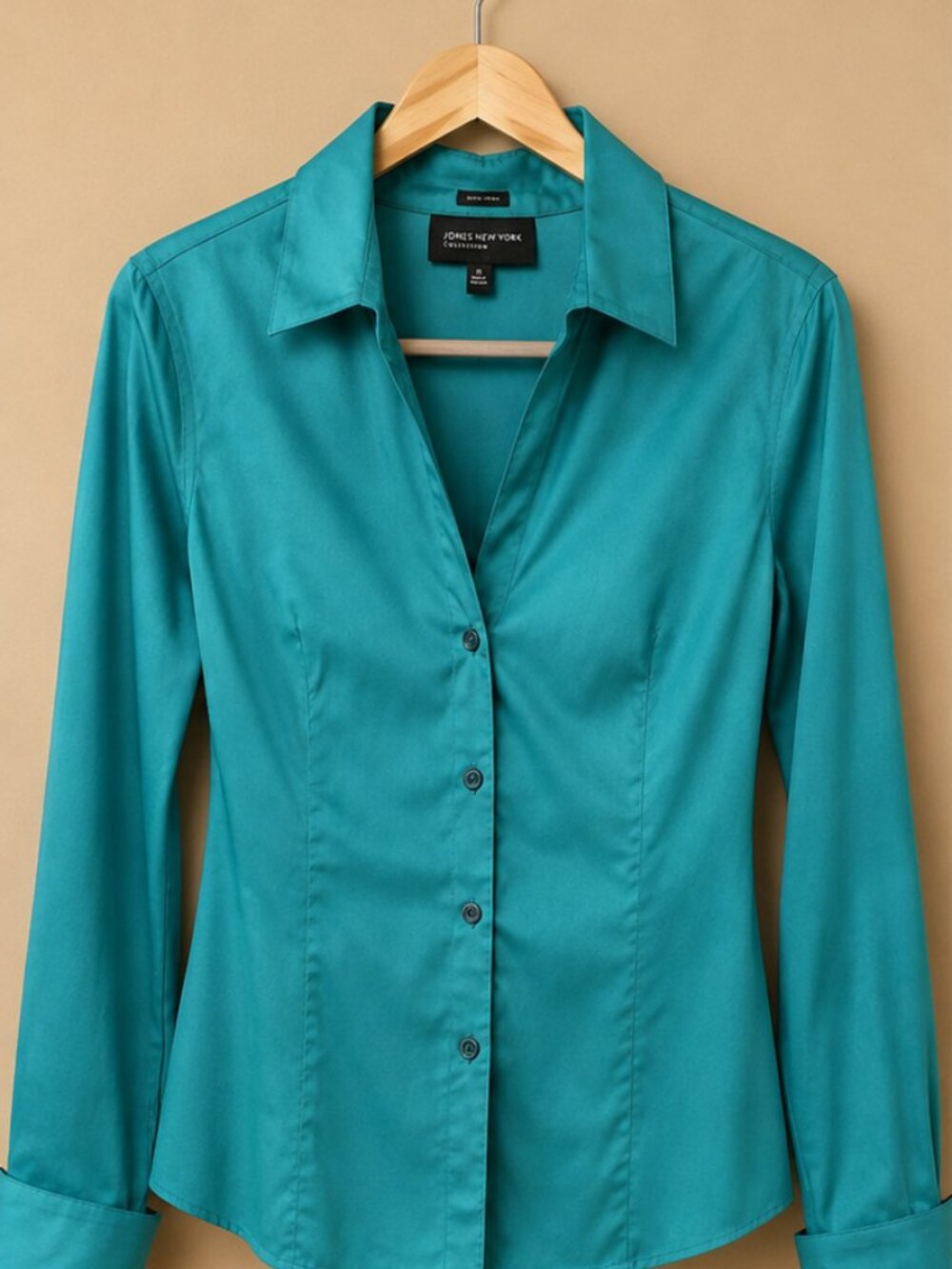 Jones New York Collection Teal Satin Button Down Blouse Size 10 Non-Iron